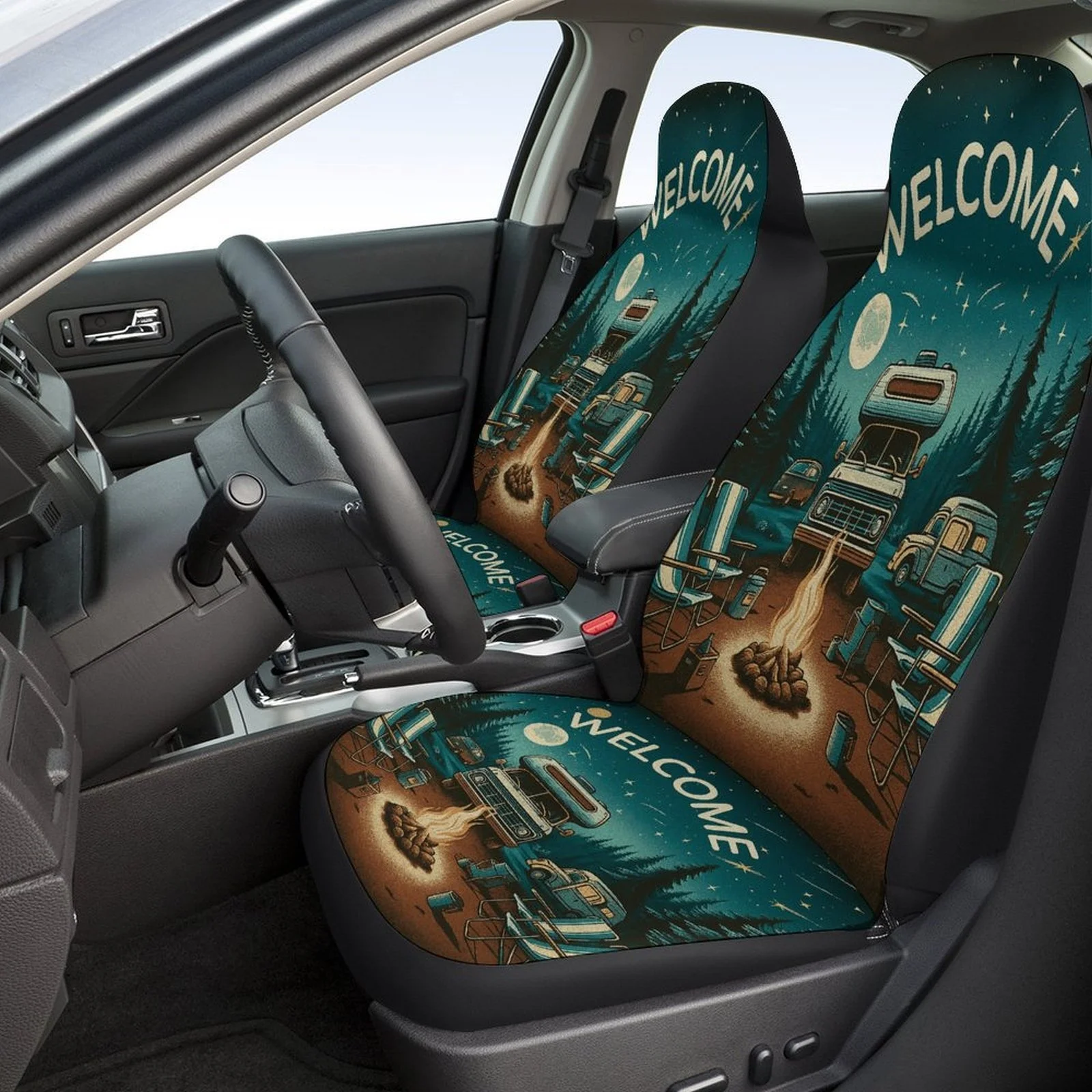 Campfire Night Welcome Themed Car Seat Cover Set For Most Cars, Decorative Trendy High-quality Car Seat Protector Covers Full Se