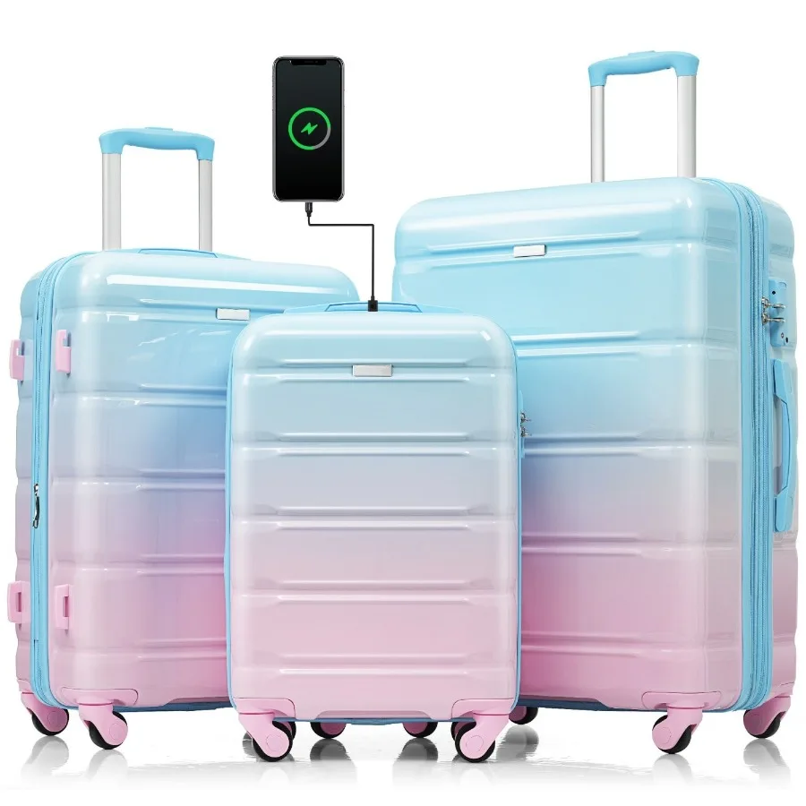 

Luggage Set of 3 20inch with USB Port Airline Certified Carryon Luggage ABS+PC Hard Shell Luggage with Spinner Wheels light blu