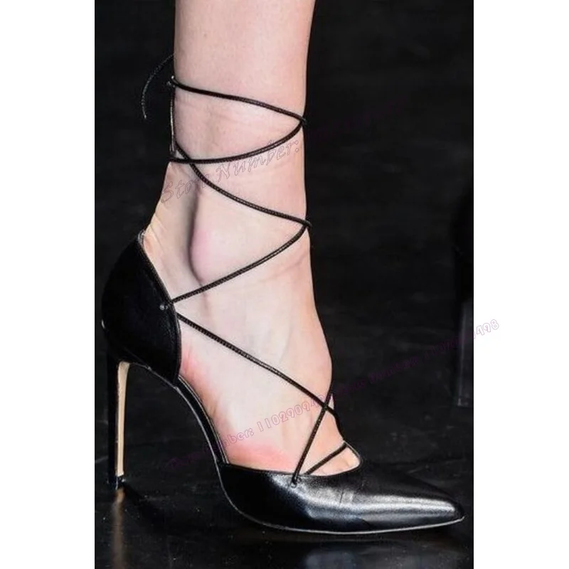 Black Cross Strap Patent Leather Pumps Ankle Buckle Pointed Toe Shoes for Women Thin High Heels Shoes 2023 Zapatos Para Mujere