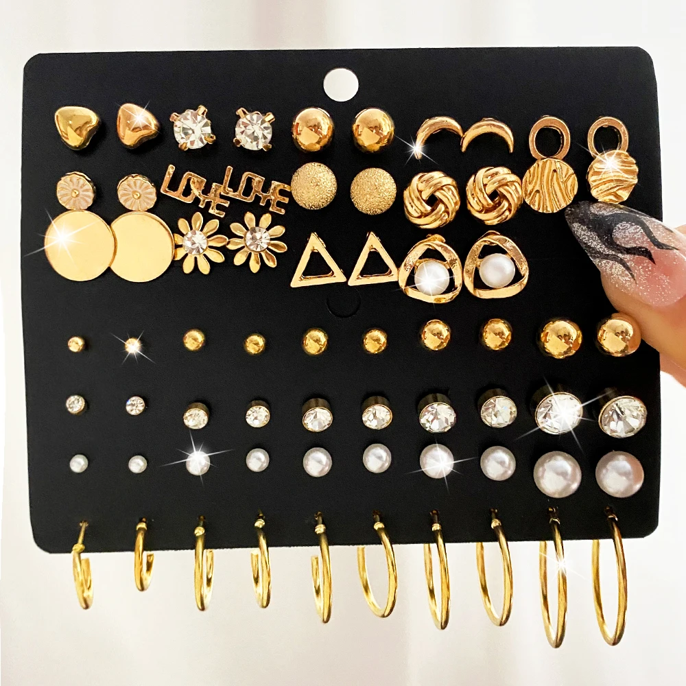 IFMIA Vintage Gold Color Earrings Set Geometry Pearl Love Flowers Heart Ear Studs For Women Girl Simple Jewelry 2022 New Trend