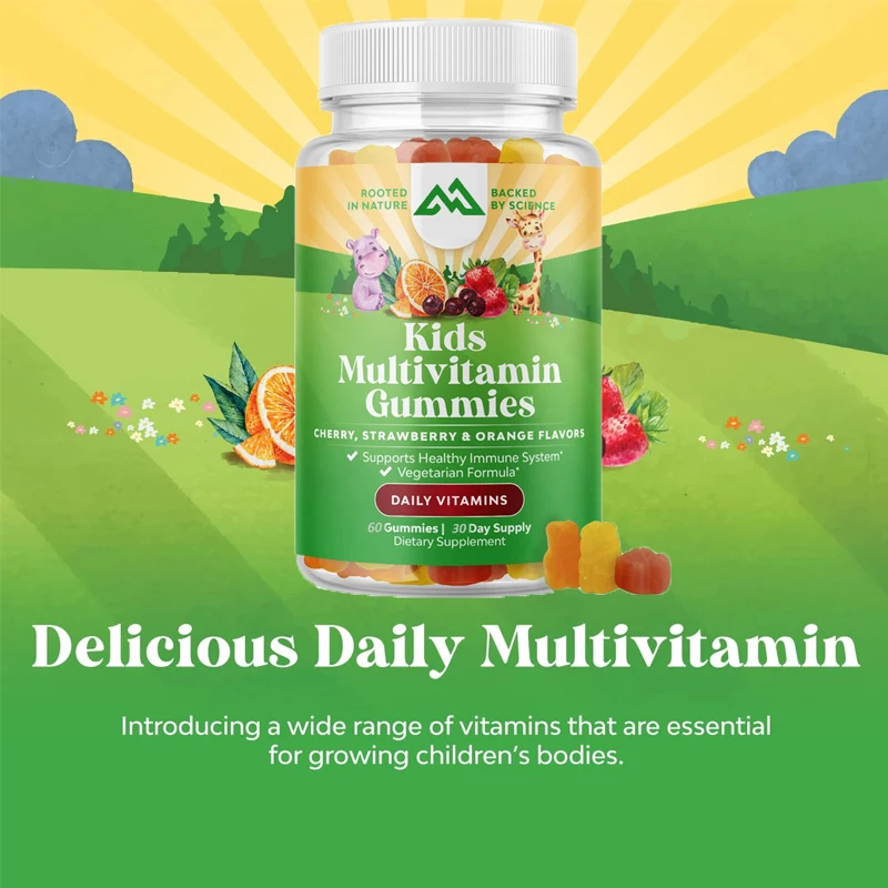 

60 vegetarian gummies with children's multivitamins, containing vitamins A, C, D3, E, B, and zinc - gelatin and gluten free