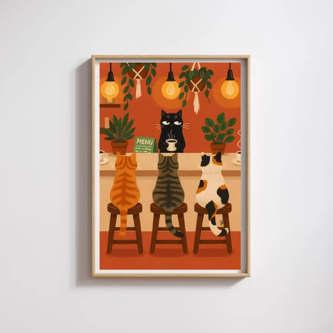 Pôster Ilustrativo de Café de Gatos, Arte de Parede Retro com Gatos Tabby, Calico e Barista Preto em Alta Resolução Digital