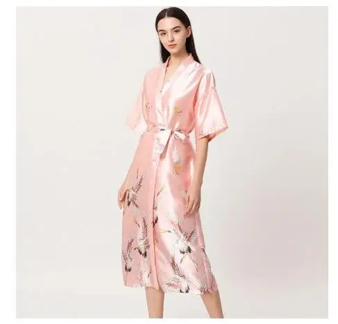 Women Nightgown Ice Silk Chinese Style Crane Print Half Sleeve Kimono Bathrobe Bride Bridesmaid Wedding Long Robe Non-suit