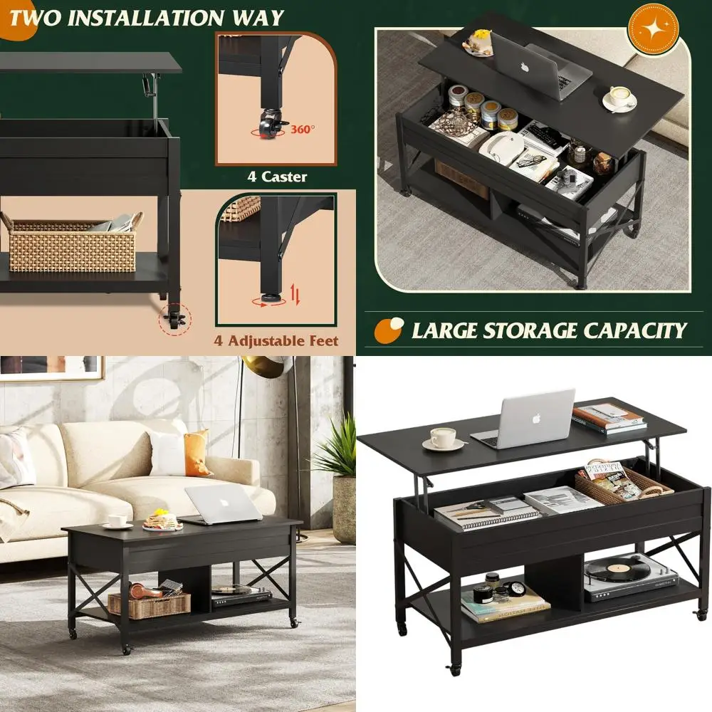 

Журнальный столик с LED-подсветкой, на колесиках, со скрытым отделением и полкой для хранения, для гостиной или семейной комнаты, черный