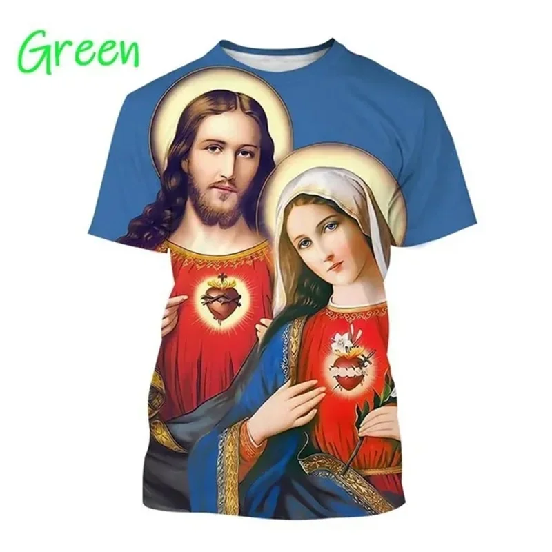 Christian Female Deity Mary Pattern T-Shirt For Men Jesus 3D Printed T Shirts Casual Crew Neck Short Sleeve Oversized Tees Tops