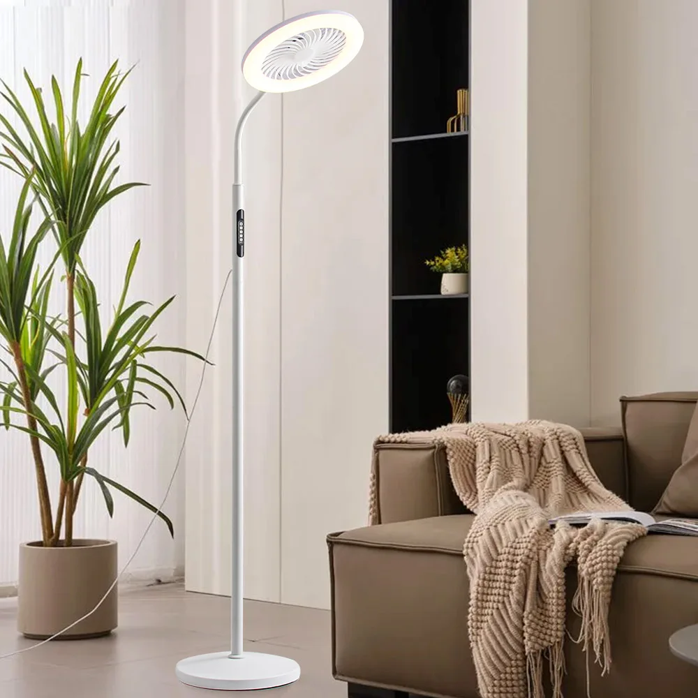 

Modern LED Floor Standing Fan Light Full Spectrum Simple White Circular Ring Three Color Light Source For Living Room Bedroom