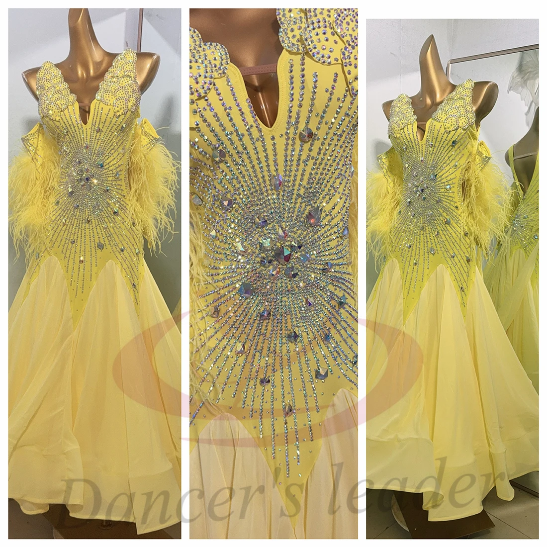 여성, 성인 및 어린이를위한 라틴 댄스 의상 라인 석, 하이 엔드 맞춤형 노란색 현대 대형 스커트 왈츠 드레스