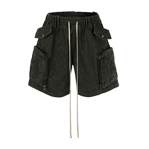 High-street Style Loose Straight-leg Heavy-duty Tie-dye Canvas Washed Shell Shorts 2026 Summer Elastic Waist Denim Cargo Shorts