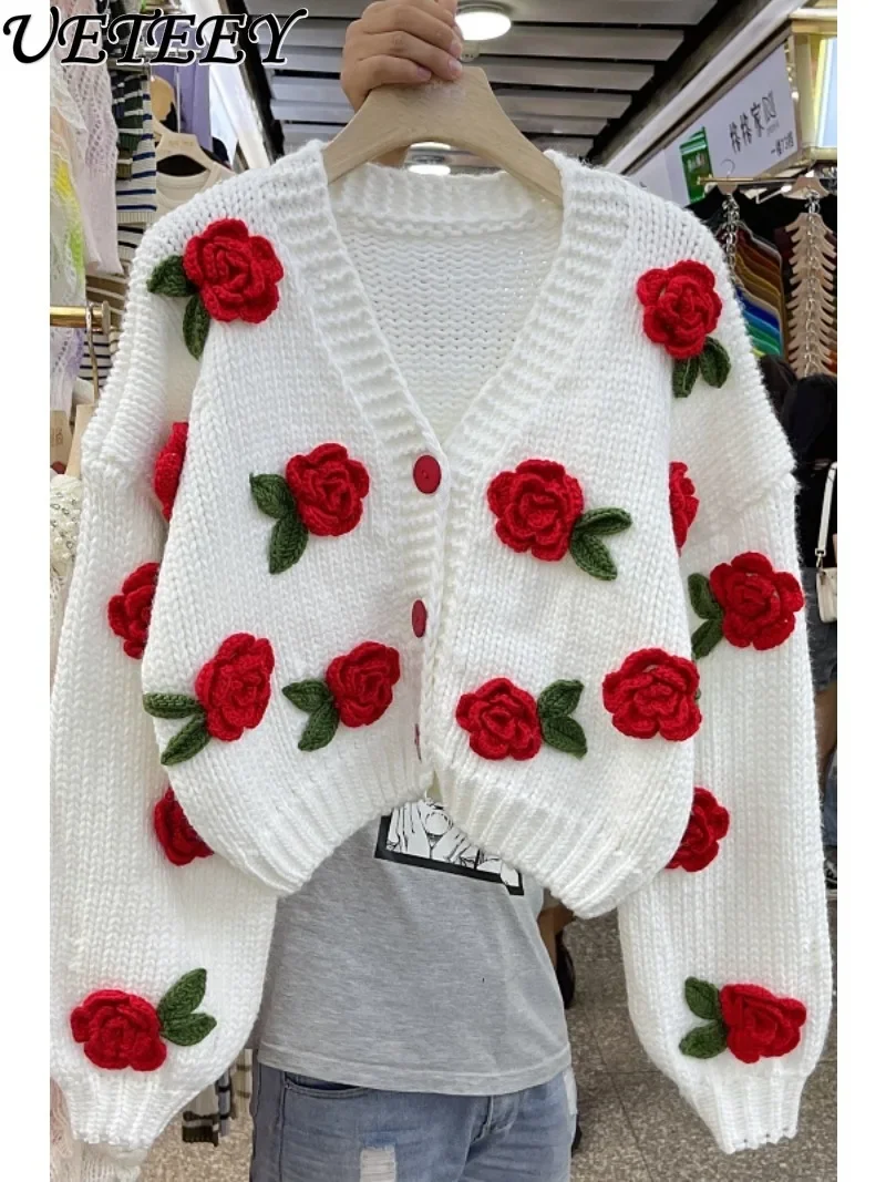 Autumn Winter New Knitting Needle Sweater Thick Knitted Cardigan Rose Flower Contrast Color Sweater Sweet Coat for Women