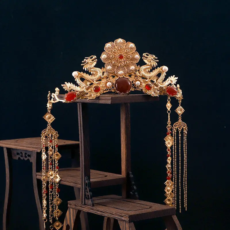 Corona de pelo con borla larga de dragón doble chapada en oro Vintage para mujer, tocado Hanfu, accesorios de fiesta de vacaciones de boda, decoración del hogar, regalos