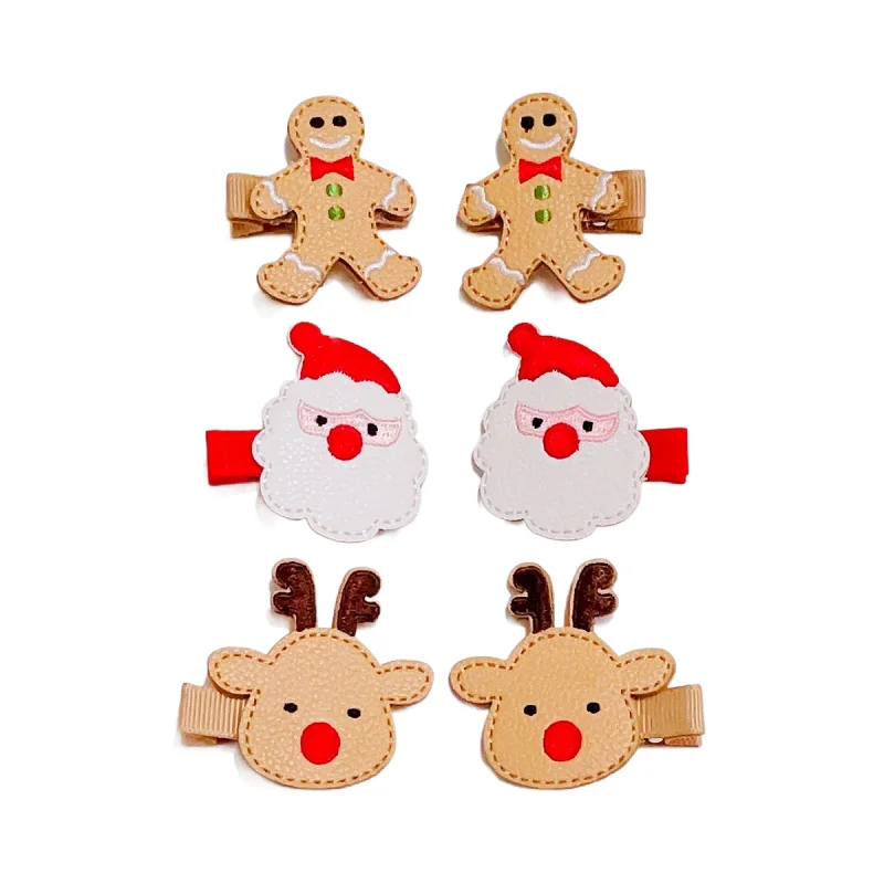 15Pairs Leather Reindeer Santa Hairpins Embroidery Gingerbread Man Hair Clips Xmas New Year Headwear Boutique Hair Accessories