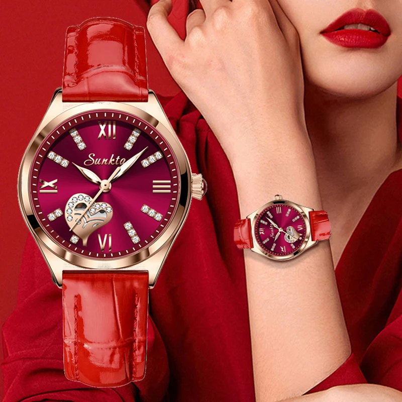 SUNKTA Diamond Heart Dial Watch Fashion Temperament Waterproof Watches Female High-level Female Luxury Watches Women Reloj Mujer