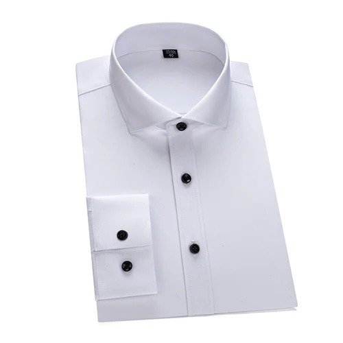 Imagen 1 del producto Camisa blanca de manga larga para hombre, corte ajustado, cuello Windsor, botones negros, Khmer cómoda y de alta calidad