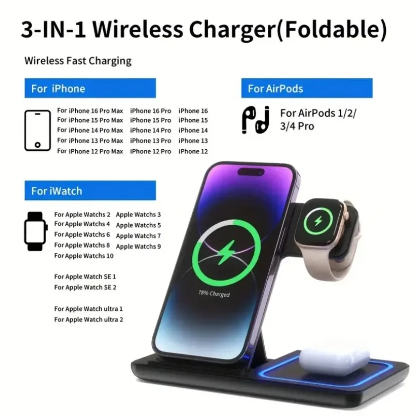 XIKCU طوي 3 في 1 حامل شاحن لاسلكي مصباح ليد قاعدة شحن سريعة آيفون 16-12 iWatch 10 9 8 Airpods Pro