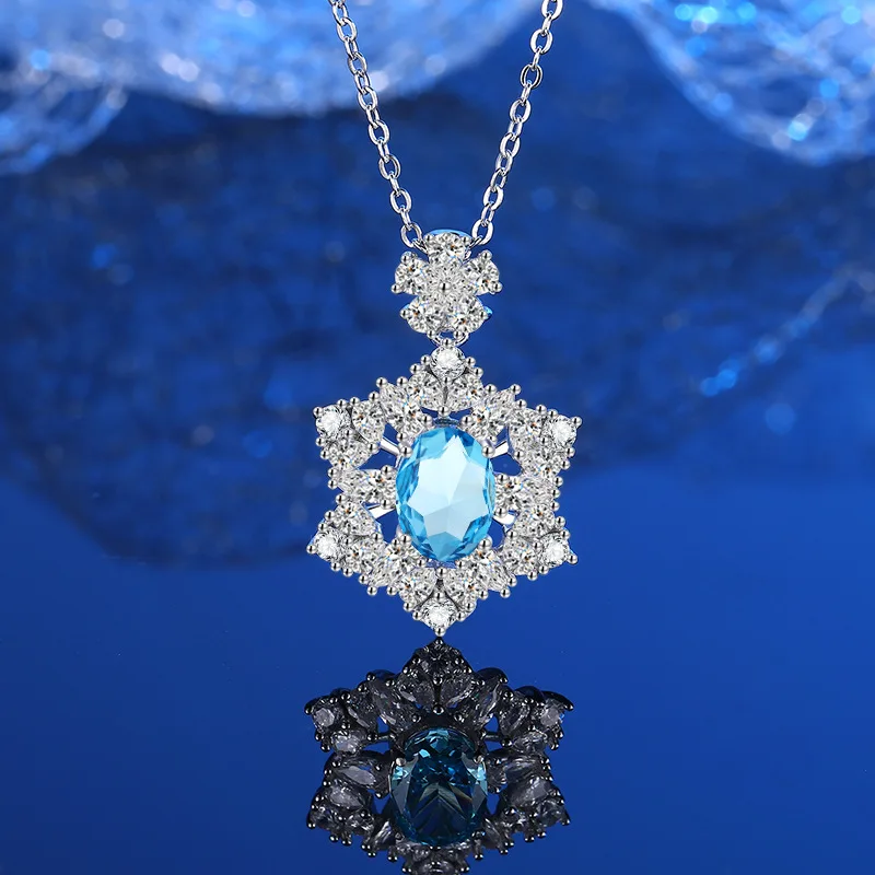 Luxurious And Fashionable Aquamarine Gold Necklace For Women Set With 925 Sterling Silver High Carbon Diamond Ice Flower