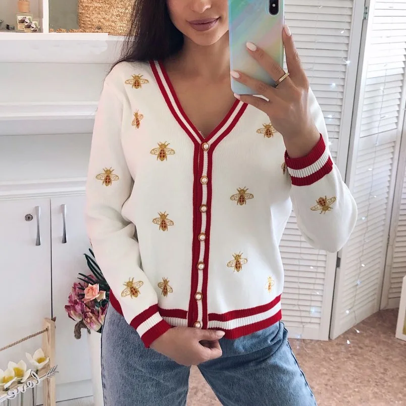 High Quality Fashion 2024 Vintage Bee Embroidery Knit Cardigan Long Sleeve Single Breasted Contrast Color Knitted Sweaters