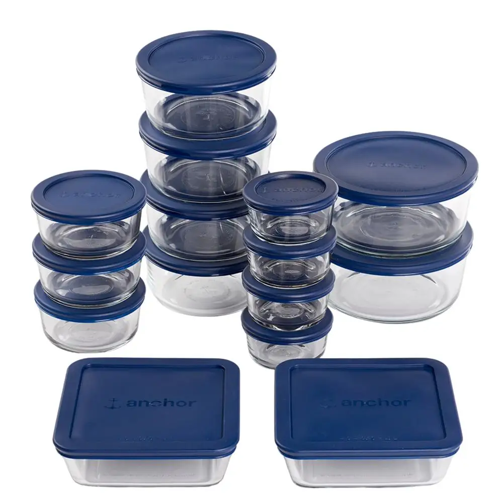 Glass Food Storage Containers Set with SnugFit Lids 30-Piece Microwave Freezer Safe BPA-Free Durable Navy Lids Pure Glass Meal