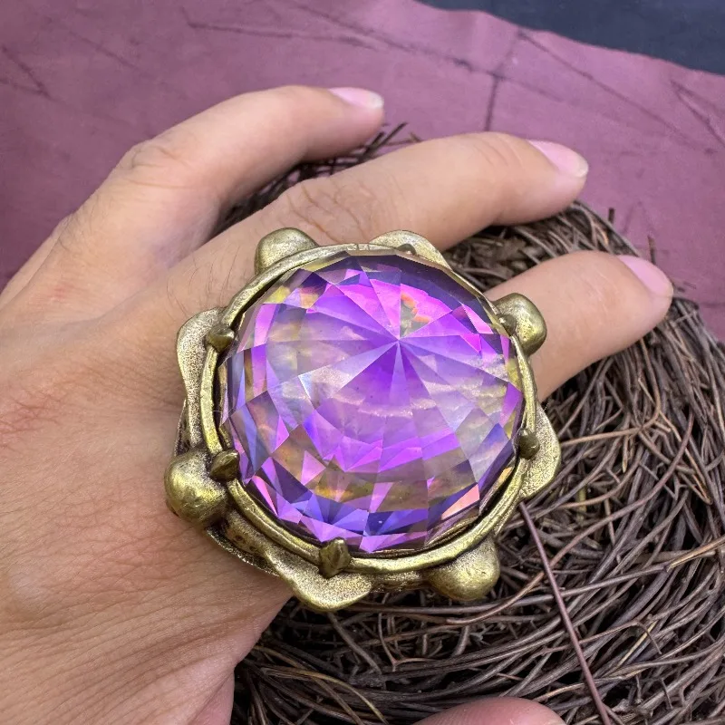 Qianlong Vintage Style 30mm Pagoda Shaped Thumb Ring, Inlaid Lab Created Colorful Gemstone Luxury Bold Statement Jewelry