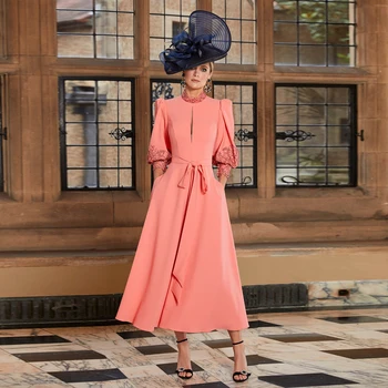 Weilinsha 발목 길이 웨딩 하객 드레스, 긴 소매 아플리케 레이스 무릎 플러스 사이즈, 신부 어머니 원피스 2025