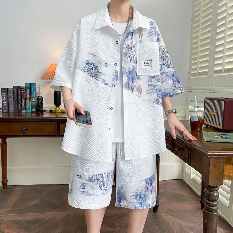 

2025 Spring/Summer New Men's High Quality Casual Loose Printed Short sleeved Shirt+Shorts Fashion Two piece Set