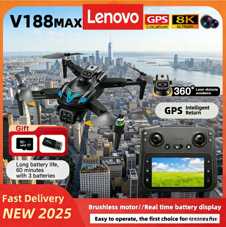 

Профессиональный GPS-дрон Lenovo V188MAX с камерой 8K, FPV, функцией обхода препятствий, пультом управления с экраном и складной конструкцией
