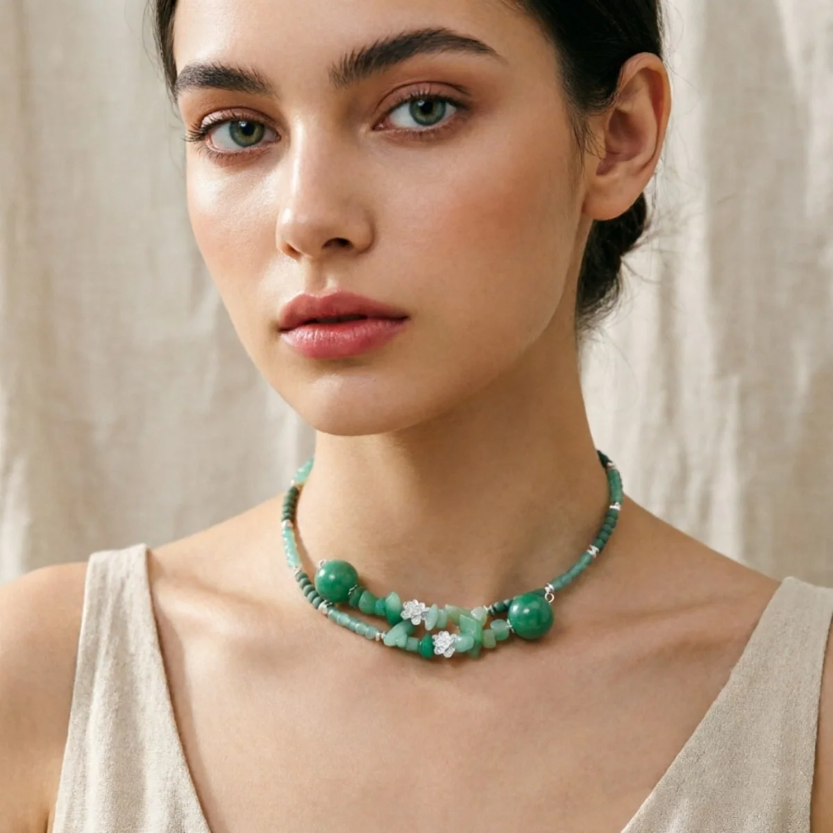 Vintage Ethnische Grüne Naturstein-Halskette mit Unregelmäßigen Perlen für Frauen und Männer, Chinesischer Stil, Silberfarbener Lotusblumen-Choker Schmuck – Detail 18