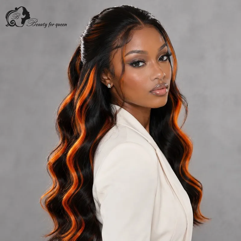 Fluffy Black Orange Streak Ombre Human Hair Wigs Body Wave Long Everyday Pre Plucked Pro Luxe Wear And Go Bleached Knots
