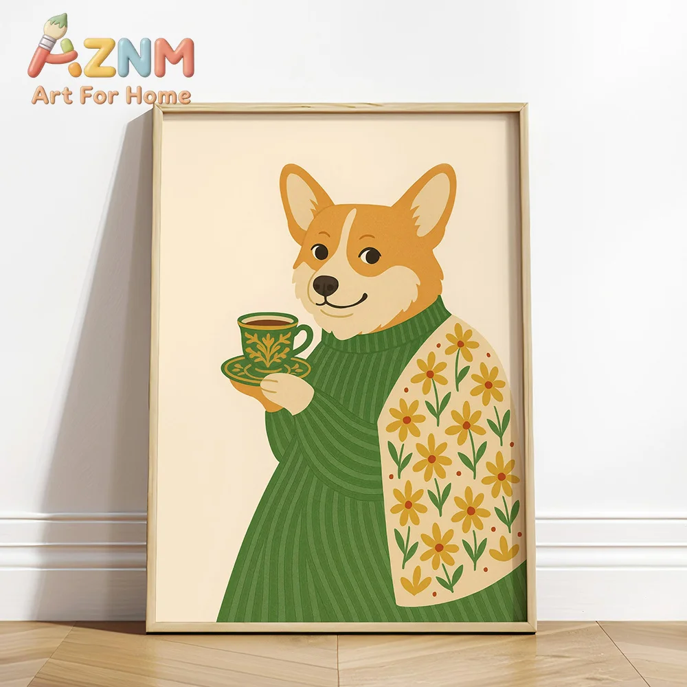 Cavalier Dog with Coffee & Flowers Art Print Coffee Floral Green Jacket Dog Wall Canvas Painting Nordic Cat Poster Home Decor