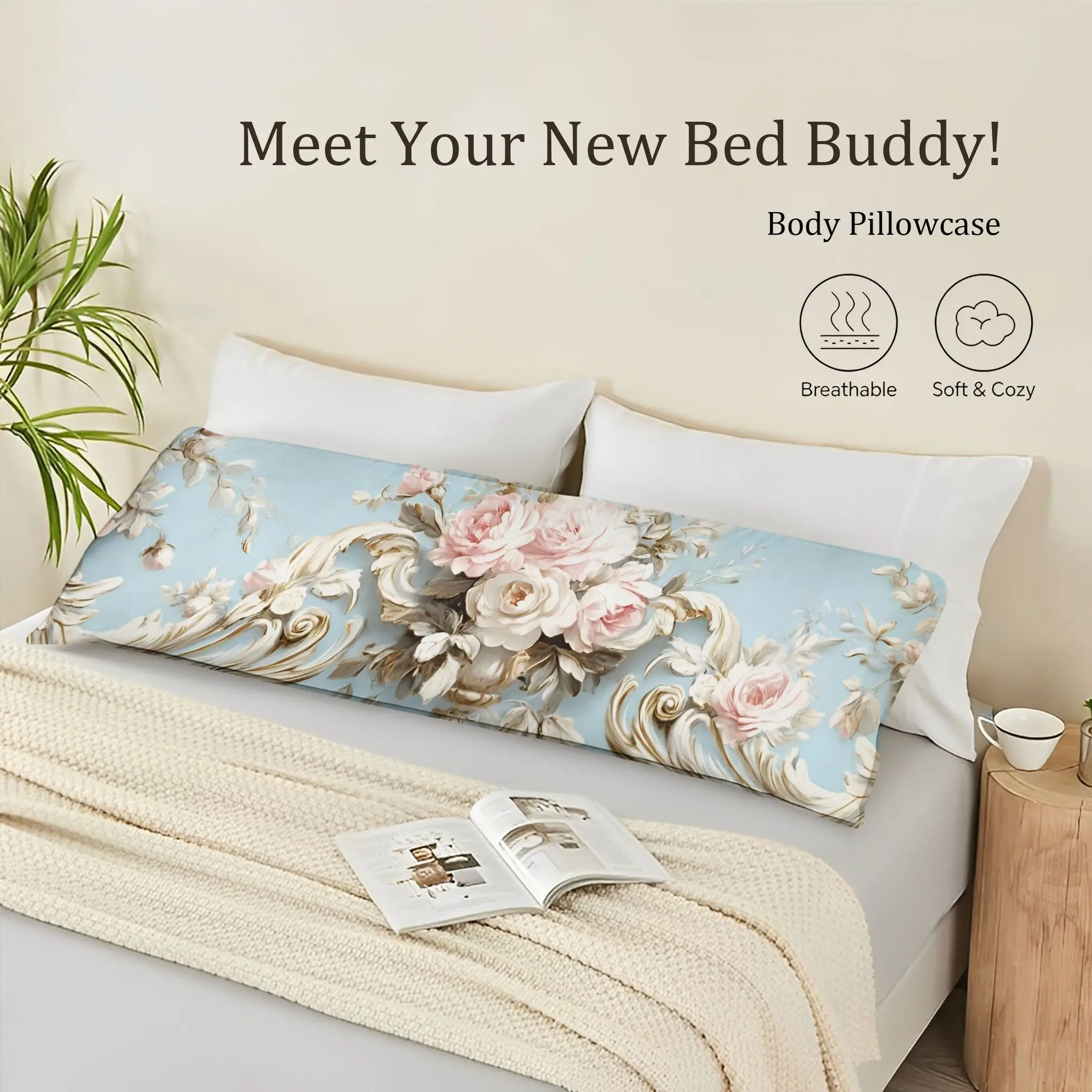 1pc Vintage Baroque Full-Body Pillow Case Suitable for side, back, stomach Sleepers - Pink & White Roses with Golden Scroll Baro