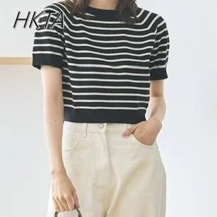 

Japanese Loose Round Neck Short Sleeve Knitted Tshirt Women's Fashion Versatile Elastic Slim Striped Knitted Sweater New Summer