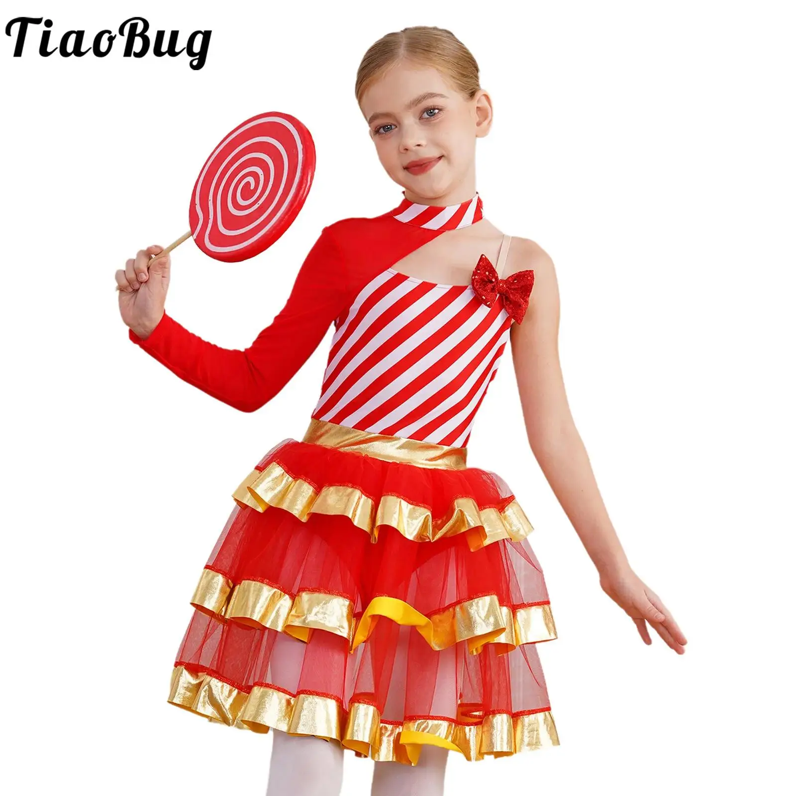 

Girls Sequins Striped Tutu Dance Dress Christmas Costume Candy Cane Xmas Cosplay Party Tiered Leotard Figure Ice Skating Dress