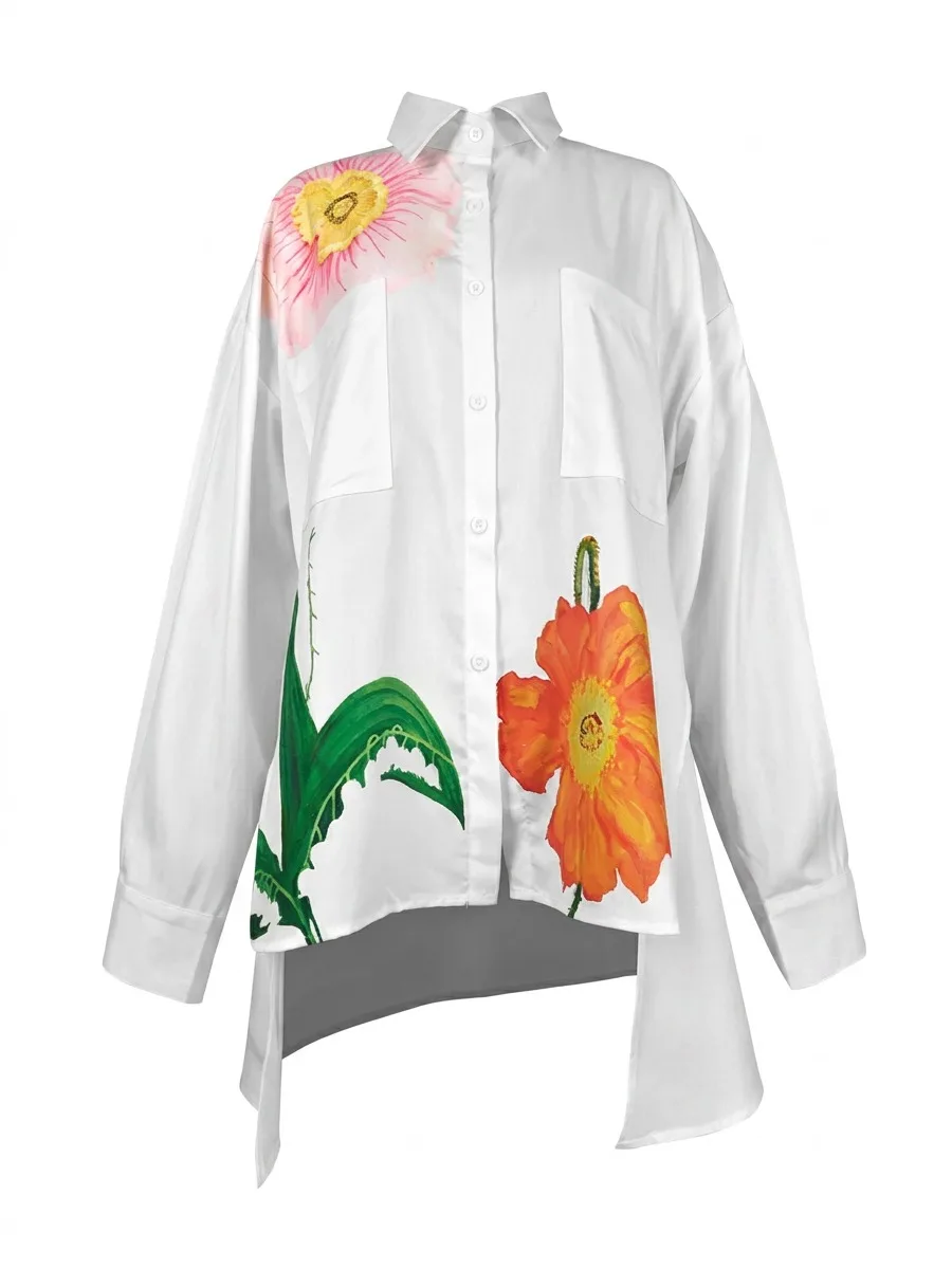 Bonboho Women White Oversized Floral Print Shirt Lapel Collar Button Down Long Sleeve Irregular Hem Casual Loose Blouse