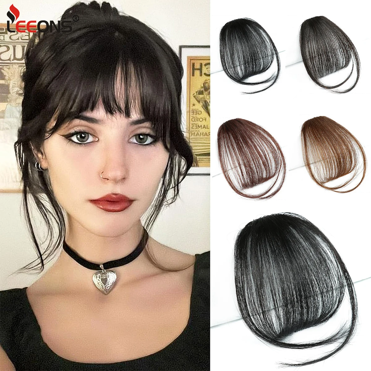 Leeons Synthetic Air Bangs Natural Short Brown Black Fake Hair Fringe Extension Bangs Hair Clip In Air Bangs For Girls Women 1Pc