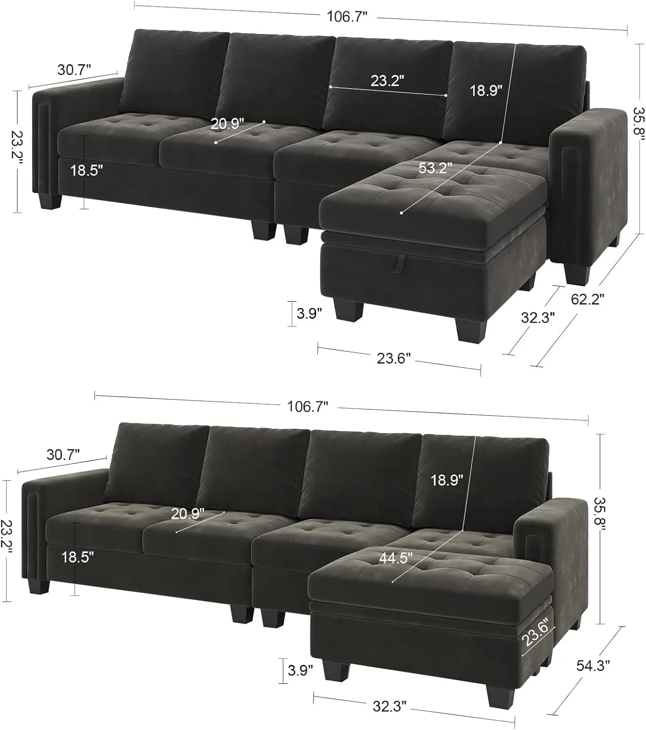 Velvet Reversible Sectional Sofa with Chasie Convertible L Shaped 4-seat Sectional Couch with Storage Ottoman Grey