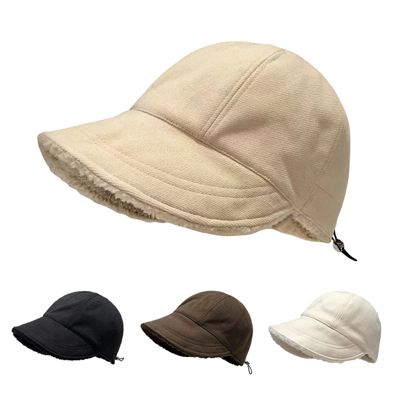 

Winter Warm Bucket Hat for Women Lamb Wool Thicken Fisherman Hats Solid Large Brim Visors Korean Versatile Reversible Casual Cap