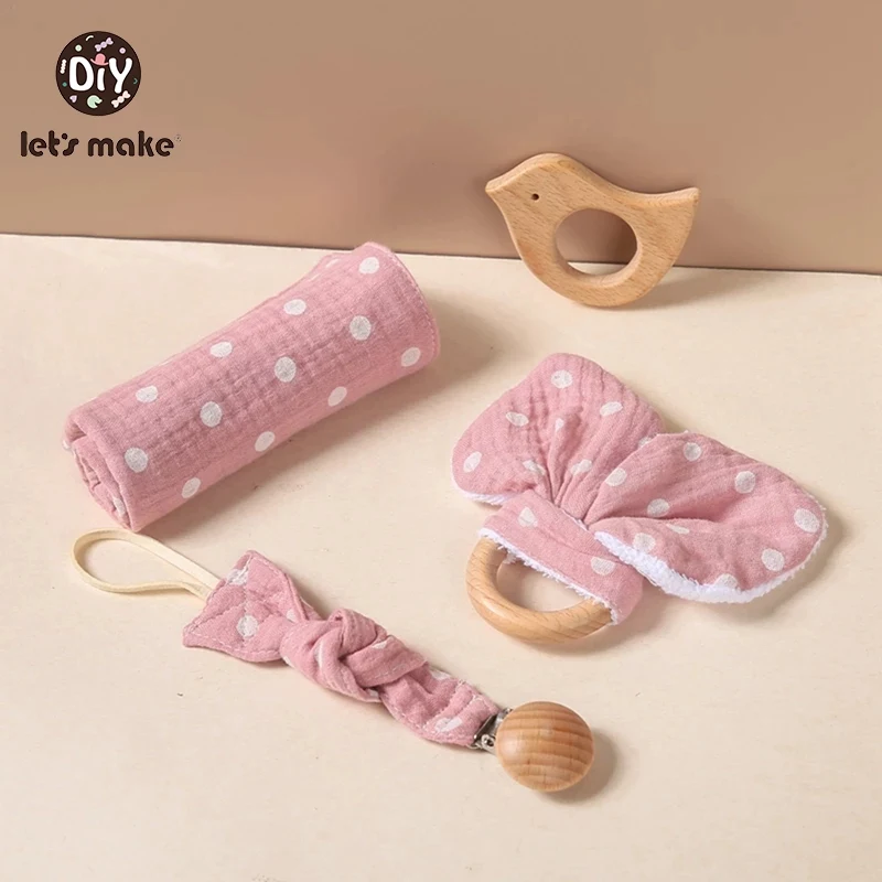 

1Set Baby Teether Bpa Free Beech Wooden Teether Ring Pacifier Clip Chain Saliva Towel Bath Set Toys Newborn Gifts Baby Rattle