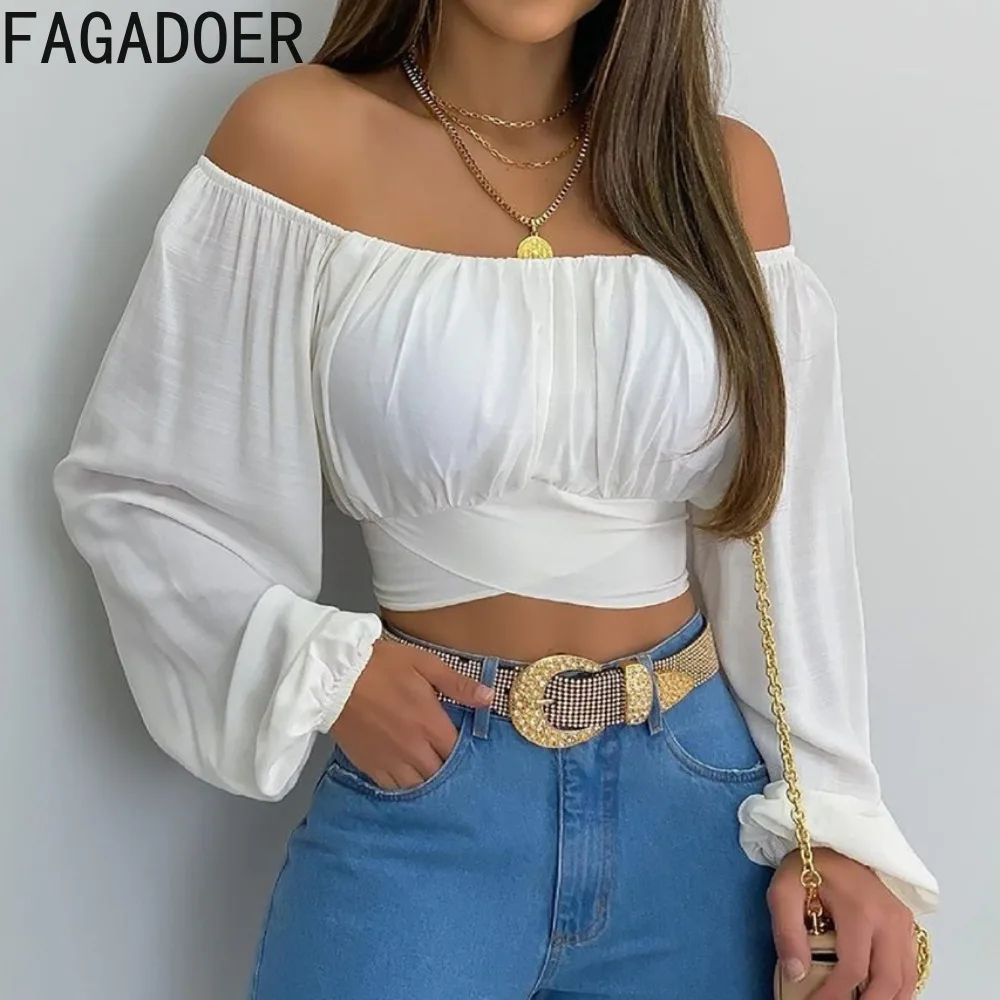 

FAGADOER Fashion Off Shoulder Bandage Long Sleeve Slim Crop Tops Women Ruched Solid Tshirt Elegant Office Lady Print Streetwear