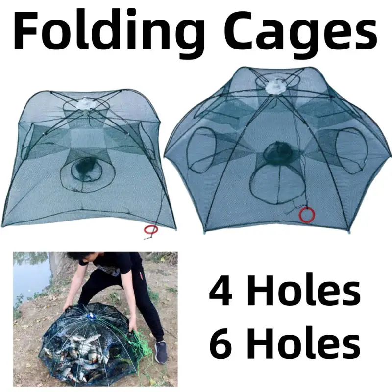 

6/4 Holes Portable Fishing Net Shrimp Cage Nylon Foldable Fish Trap Folding Outdoor Automatic Collapsible