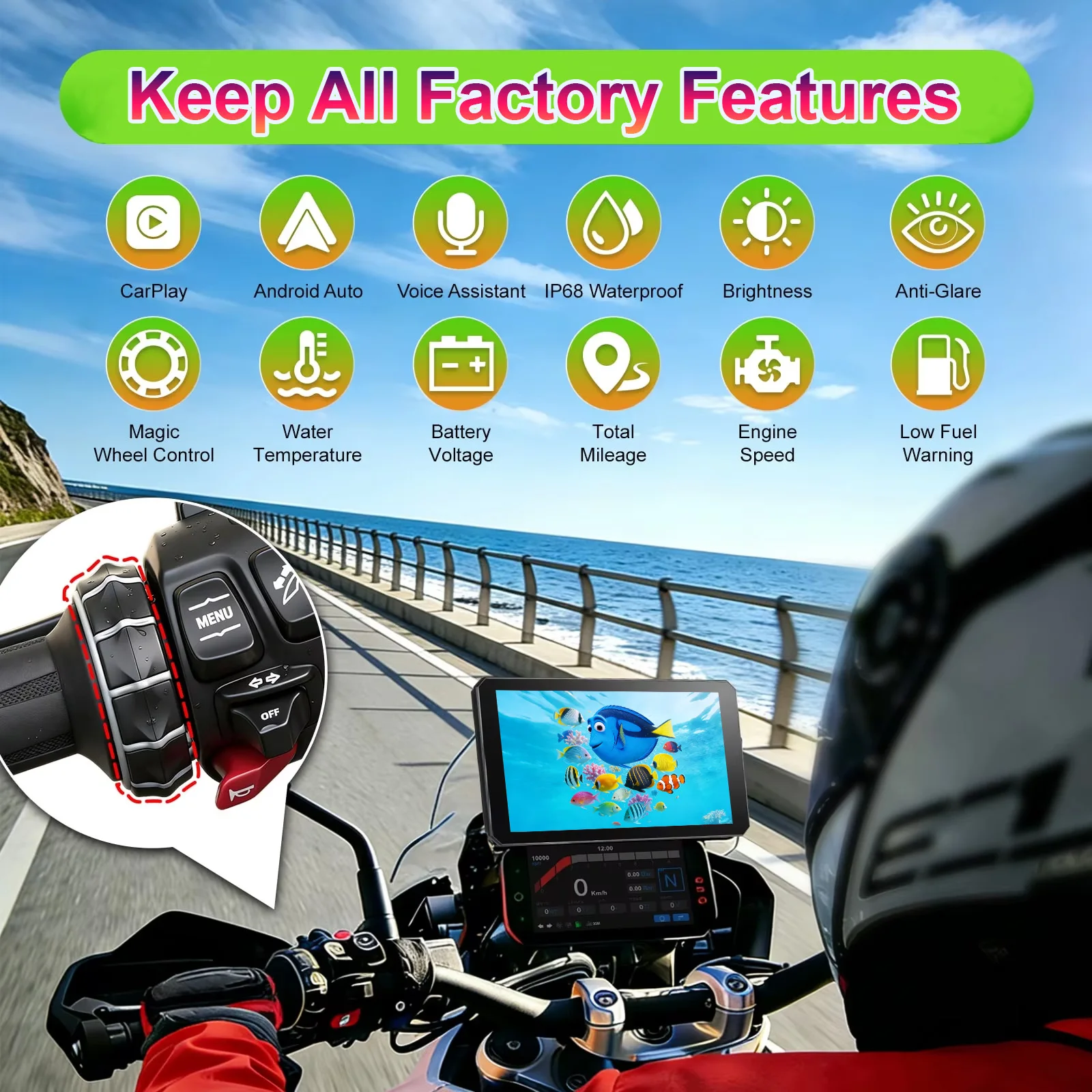 Schermo di Navigazione GPS da 7 Pollici per Moto BMW con CarPlay Wireless, Android Auto, Display Touchscreen, Compatibile con BMW Magic Wheel