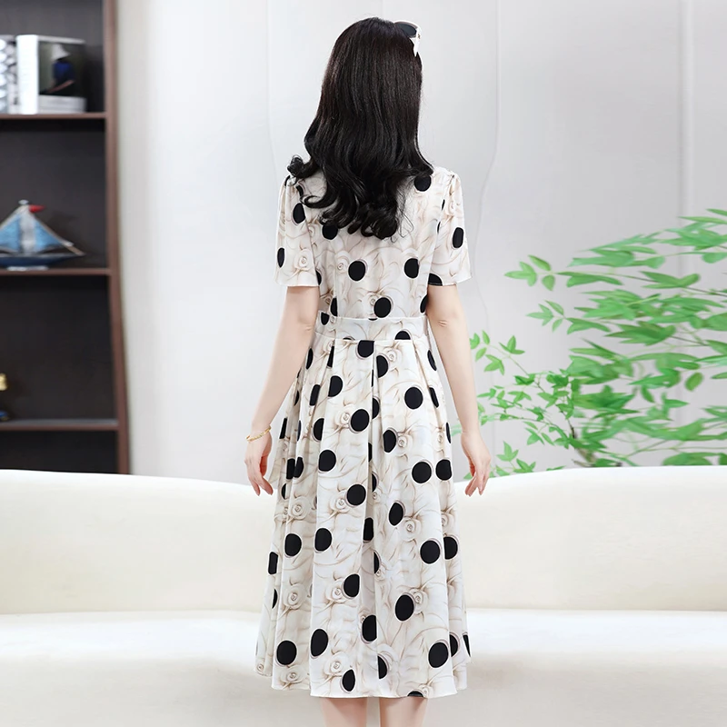 Novo vestido feminino com gola de camisa de bolinhas, emagrecimento, linha a, manga curta, cintura, verão, elegante, sensação de moda