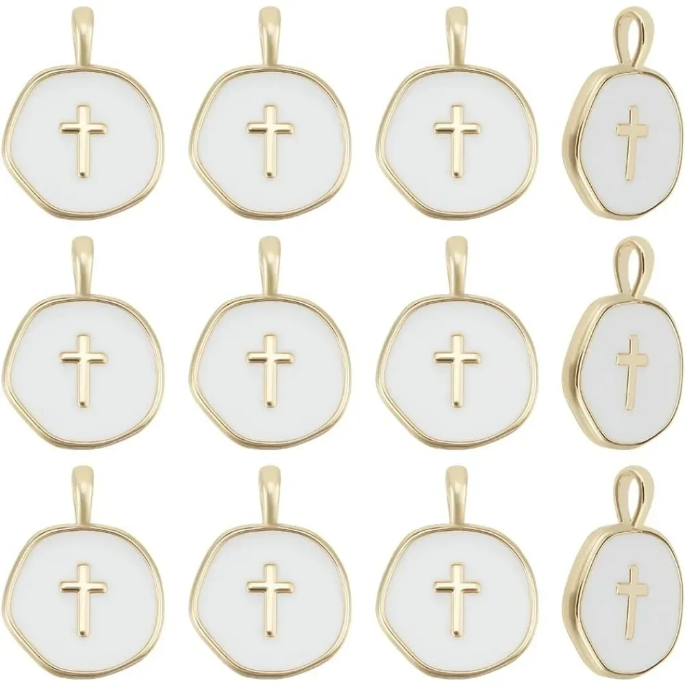 12 Pcs Flat Round Enamel Cross Charms Pendants 18K Gold Brass Crucifix Pendant for Easter DIY Jewelry Earring Necklace Bracelet