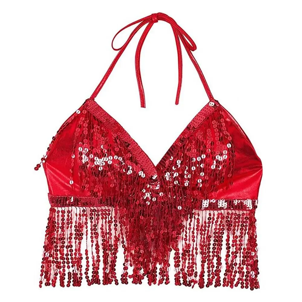 Costumes de spectacle de paillettes pour boîte de nuit, haut de Performance, soutien-gorge de danse du ventre, col licou