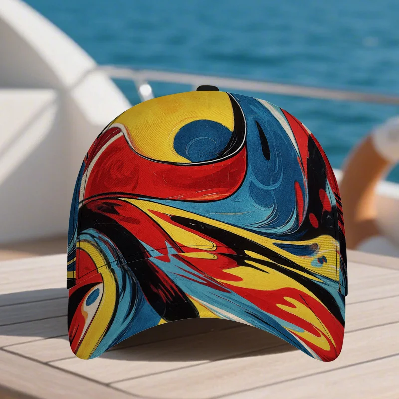 Colorful Abstract Swirl Design Baseball Adjustable Snapback Featuring a Full-Body Vibrant Print, Ideal for Sports Running