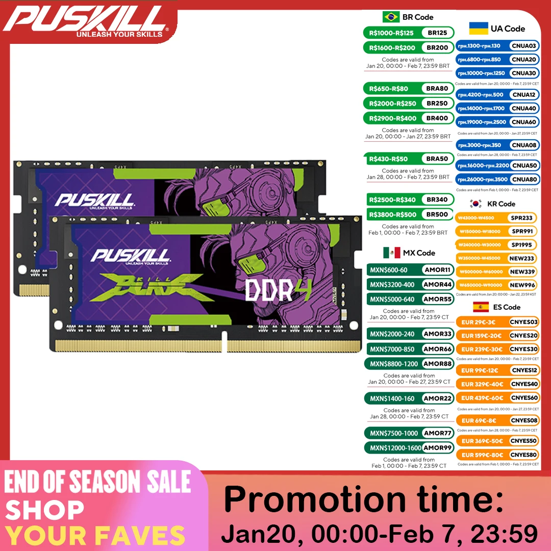 PUSKILL DDR4 Killblade Notebook Gamer Memoria Ram 32GB 2x16GB 2x8GB 3200MHz 2666MHz 1.2V 260pin Sodimm For Laptop Memory