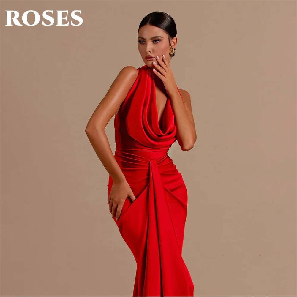 ROSES Halter Red Evening Dresses Backless Stain Prom Dresses Pleat Sleeveless Mermaid Party Dress Floor Length فساتين الحفلات