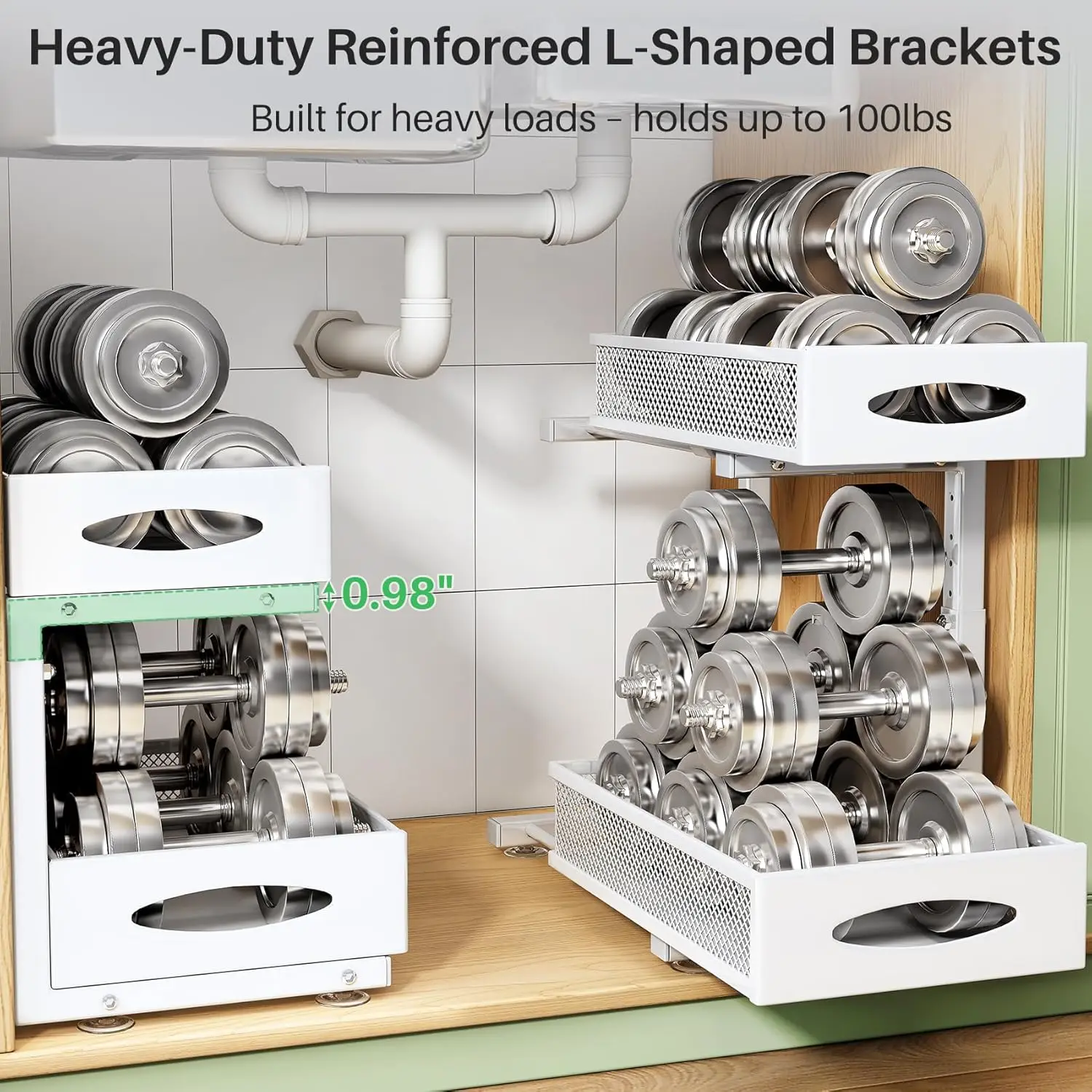 2-Pack Under Sink Organizer with Mesh Drawers, Adjustable Height for Kitchen Bathroom Storage