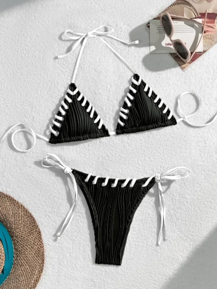 

UETEEY 2025 New Summer Swimwear Bikinis Set Sexy Solid Laced Up Backless Bikini 2 Piece Set Women Split Beach Vacation Bikinis