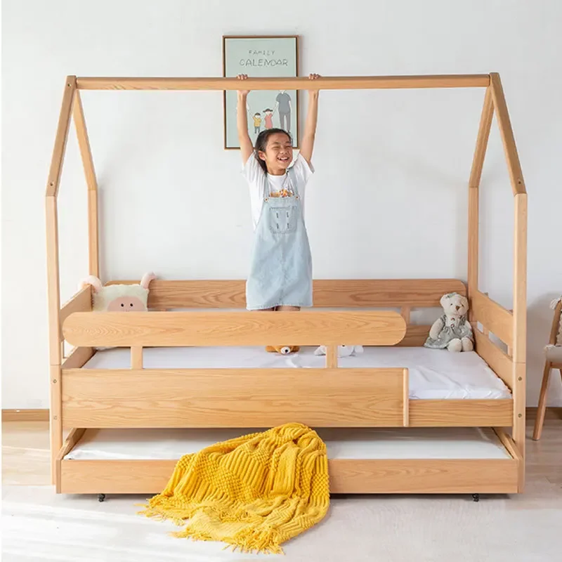 Cama de casa voadora de madeira maciça para crianças, cama mãe e filho de dupla camada, beliche de apartamento pequeno multifuncional