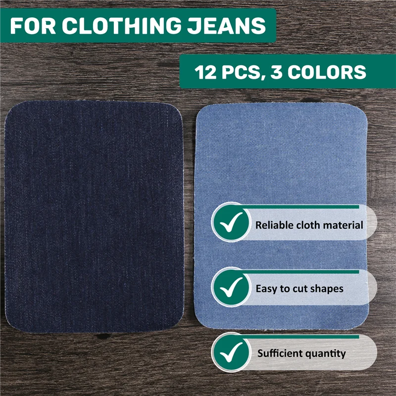 ABRT-Iron On Denim Patches For Clothing Jeans 12 Pcs, 3 Colors (4.9 Inch X 3.7 Inch)