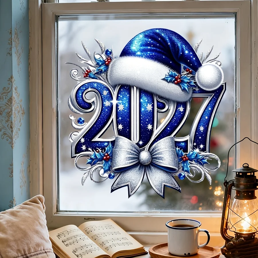 1PC 2027 Christmas Window Sticker Blue Santa Hat Bow Decal Removable Self‑Adhesive New Year Glass Window Decor for Home Party